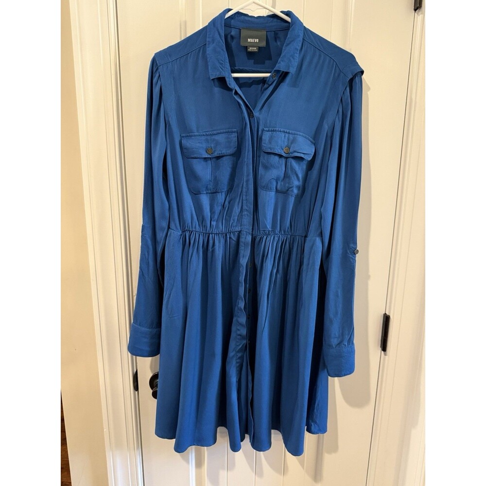 Maeve Blue Rayon Shirt‎ Dress M Long Sleeve Collared Button Front Pockets